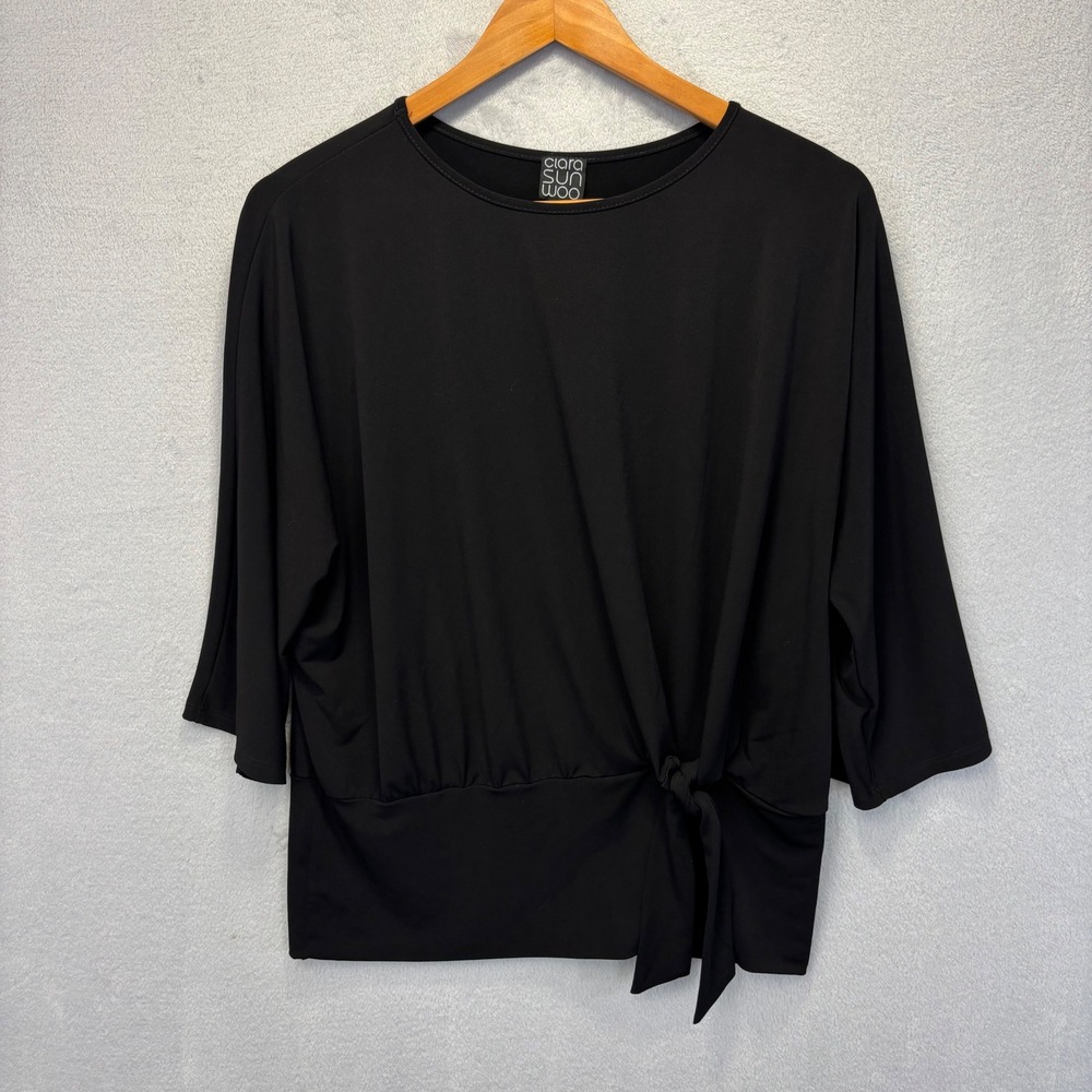Clara Sunwoo 3/4 Sleeve Side Tie Top Women Large Black Slinky Liquid Knit Shirt